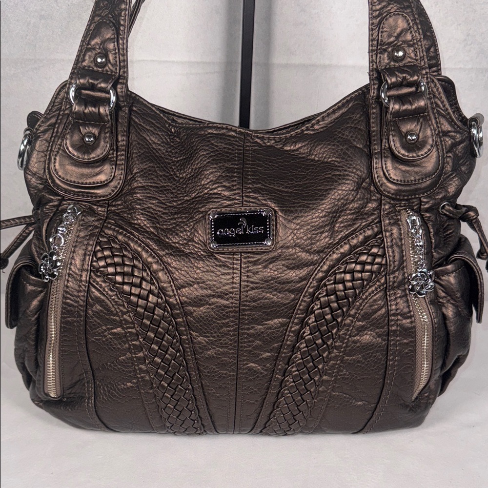Angel Kiss Metallic Bronze Shoulder Bag with Braided Accents - Picture 3 of 9